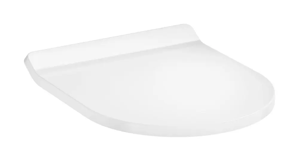 Weißer WC-Sitz von Hansgrohe, mit abgerundeter Form, oben angebrachter Befestigung und Funktionen wie SoftClose und QuickRelease.